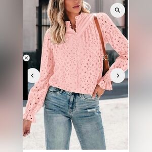 Pink Romantic Boho Puff Long Sleeve Button Up Blouse With Lace Eyelet Details